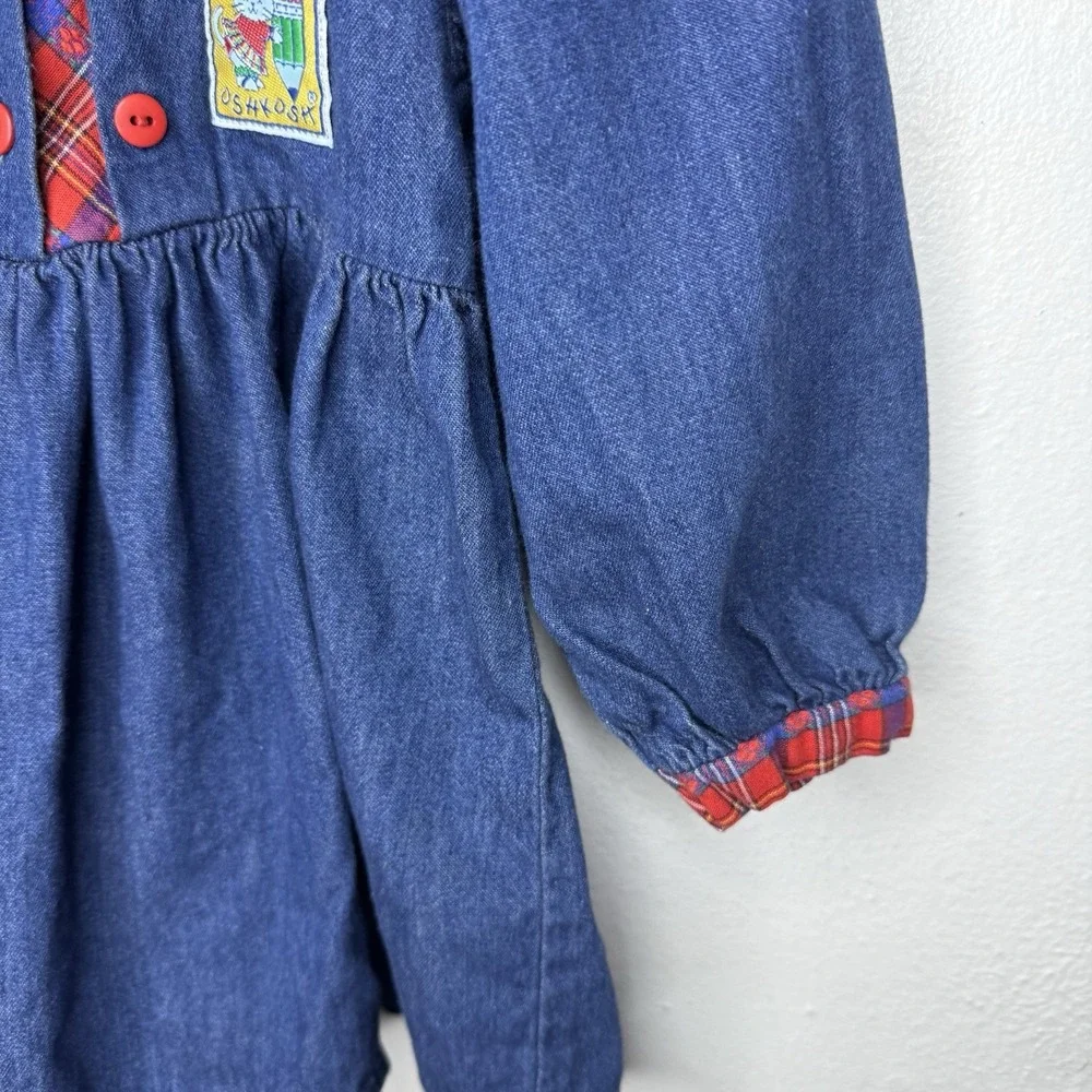 Vintage Oshkosh Denim Red Plaid‎ Collar Button Up Dress Girls 2T Christmas Party